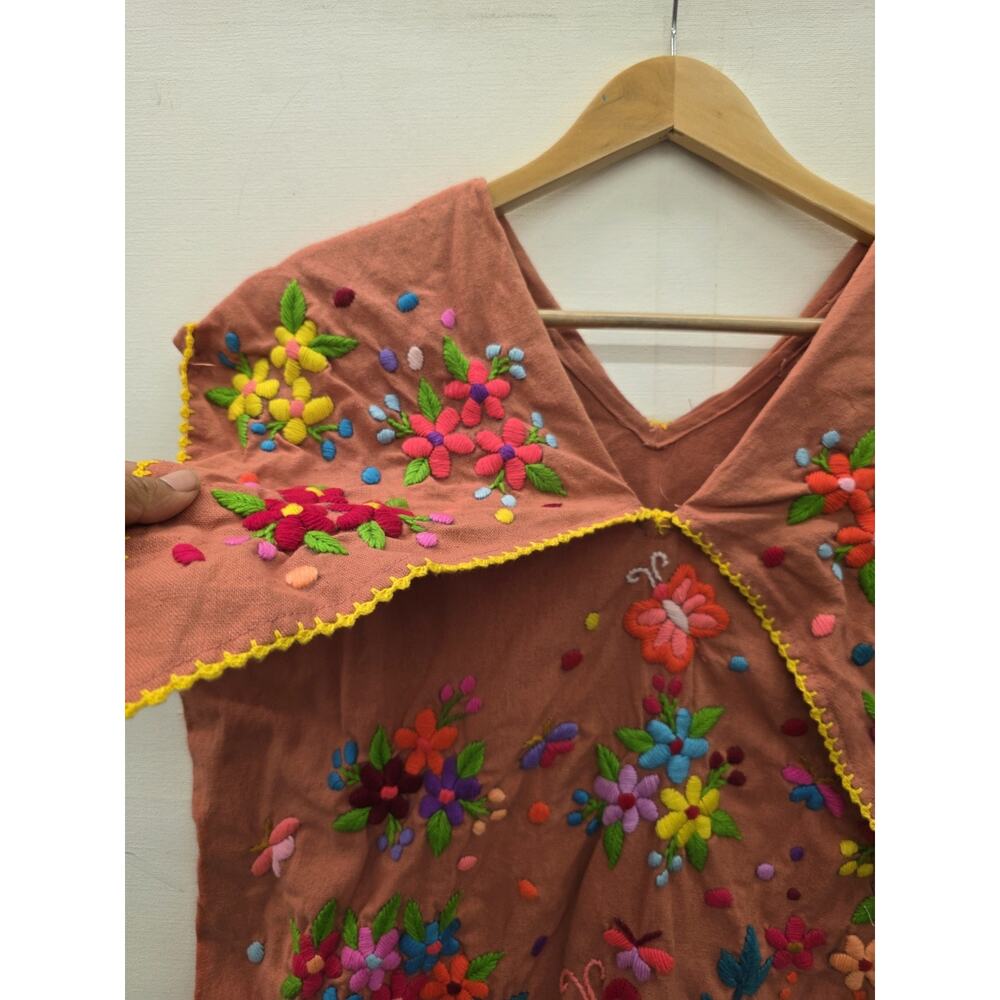 MEXICAN Handmade Embroidered DRESS Orange Cotton Size Medium - Picture 4 of 7